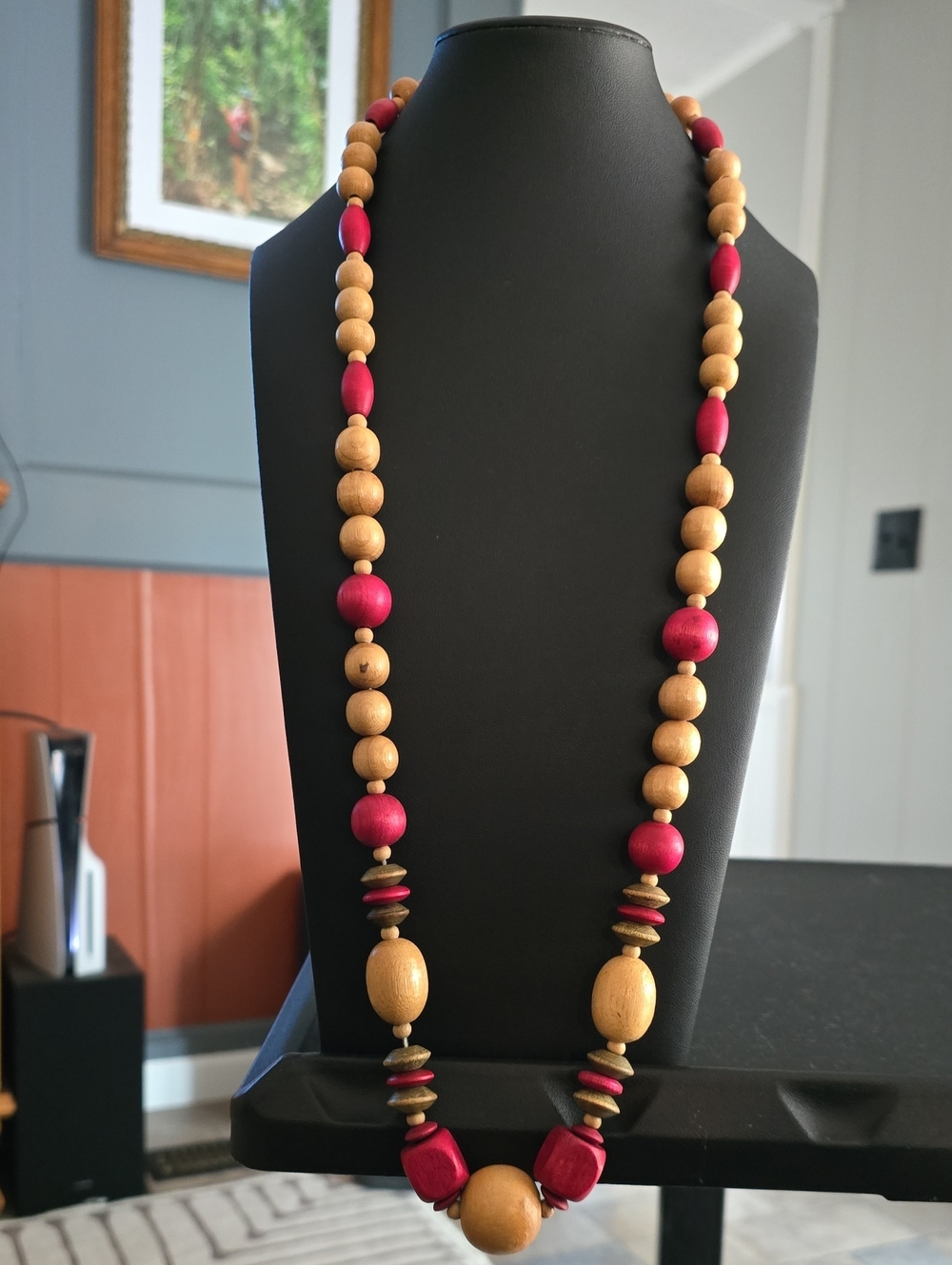 Wood Bead Long Necklace in Natural and Burgundy